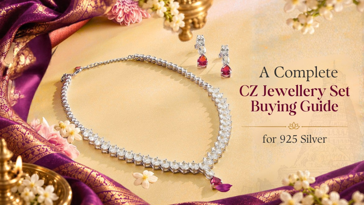 925 silver CZ jewellery set with a sparkling necklace and pink gemstone drop earrings