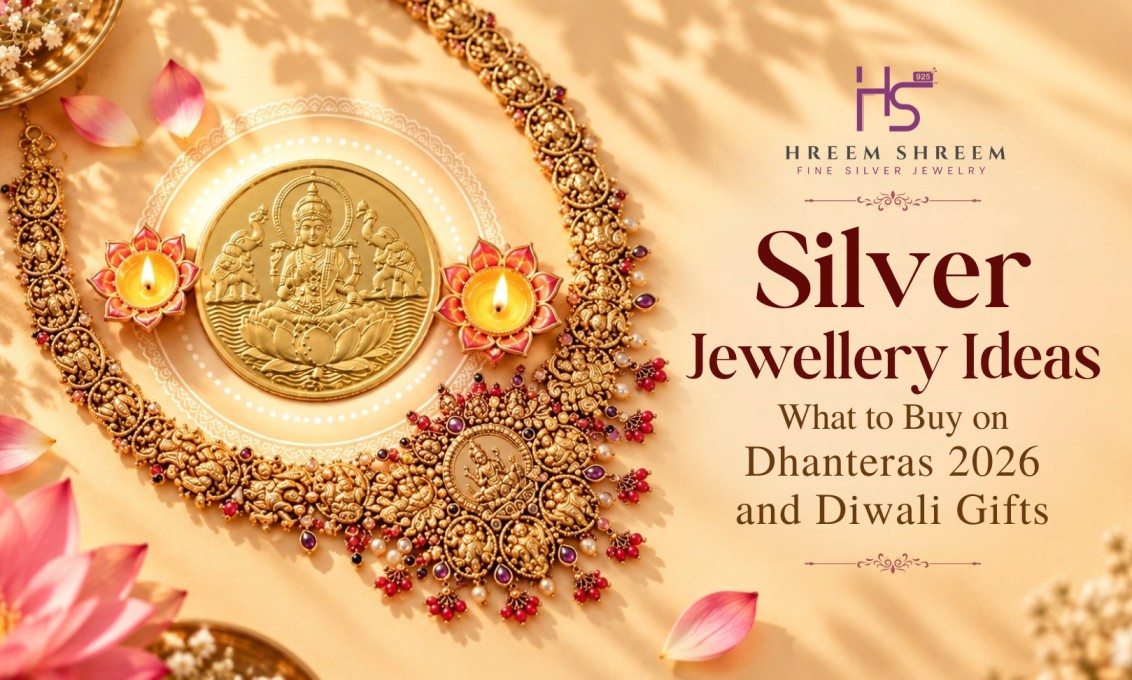 Traditional silver temple jewellery necklace with Lakshmi coin, diyas and festive Diwali decorations