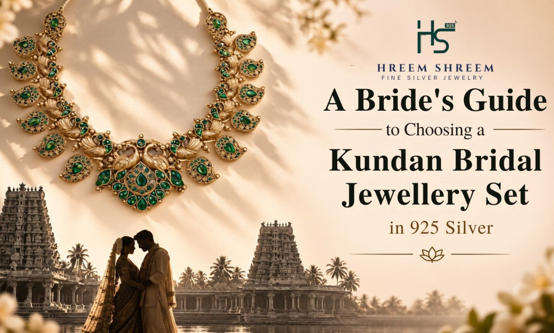 Kundan bridal jewellery set with green stones and gold finish against a traditional South Indian wedding backdrop