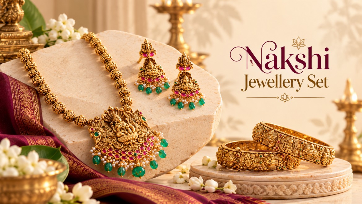 Nakshi jewellery set with detailed South Indian temple jewellery motifs