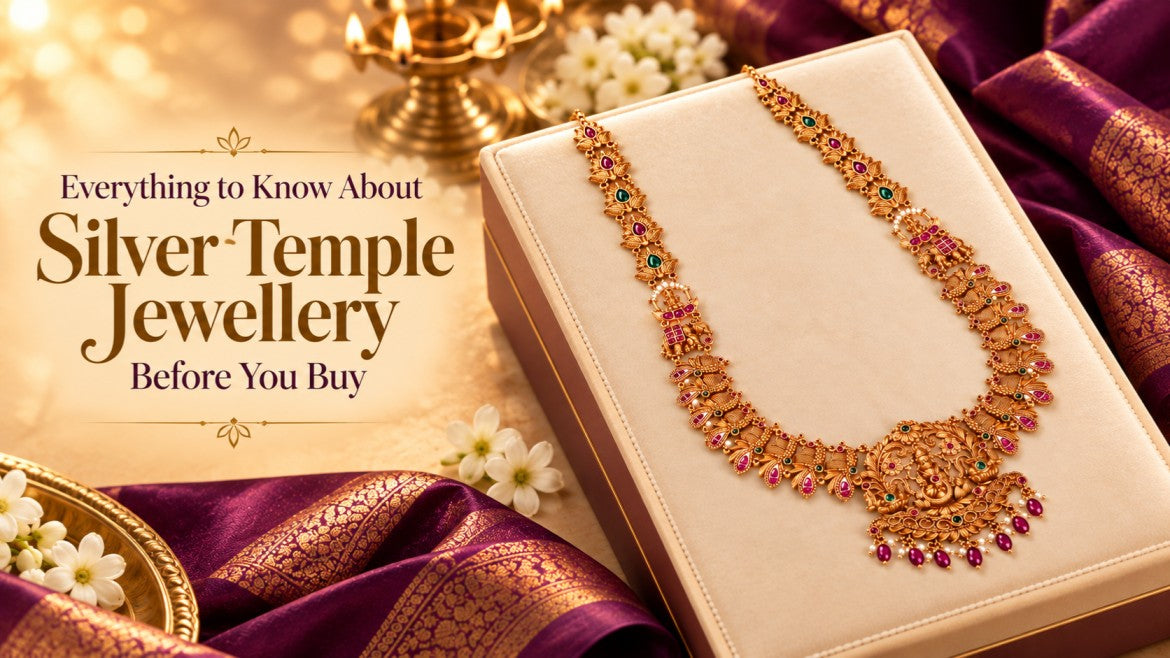 Traditional silver temple jewellery necklace with gold polish and colourful stone motifs