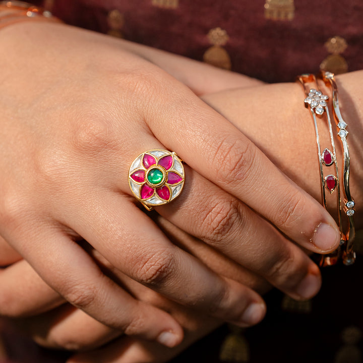 PINK FLORAL KUNDAN RING