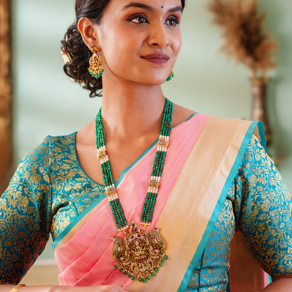 Imperial Pendant and Earring Set in Antique Lakshmi Design with Kundan Detailing