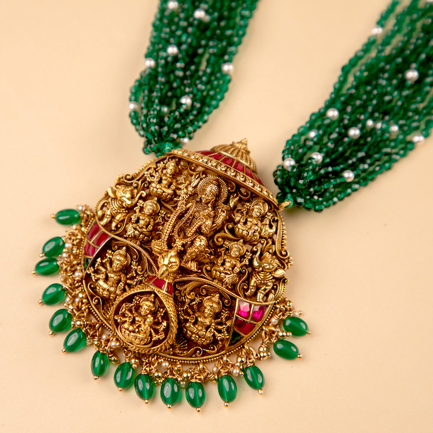 Gold Plated Ashtalakshmi Pendant Necklace Set with Green Beads