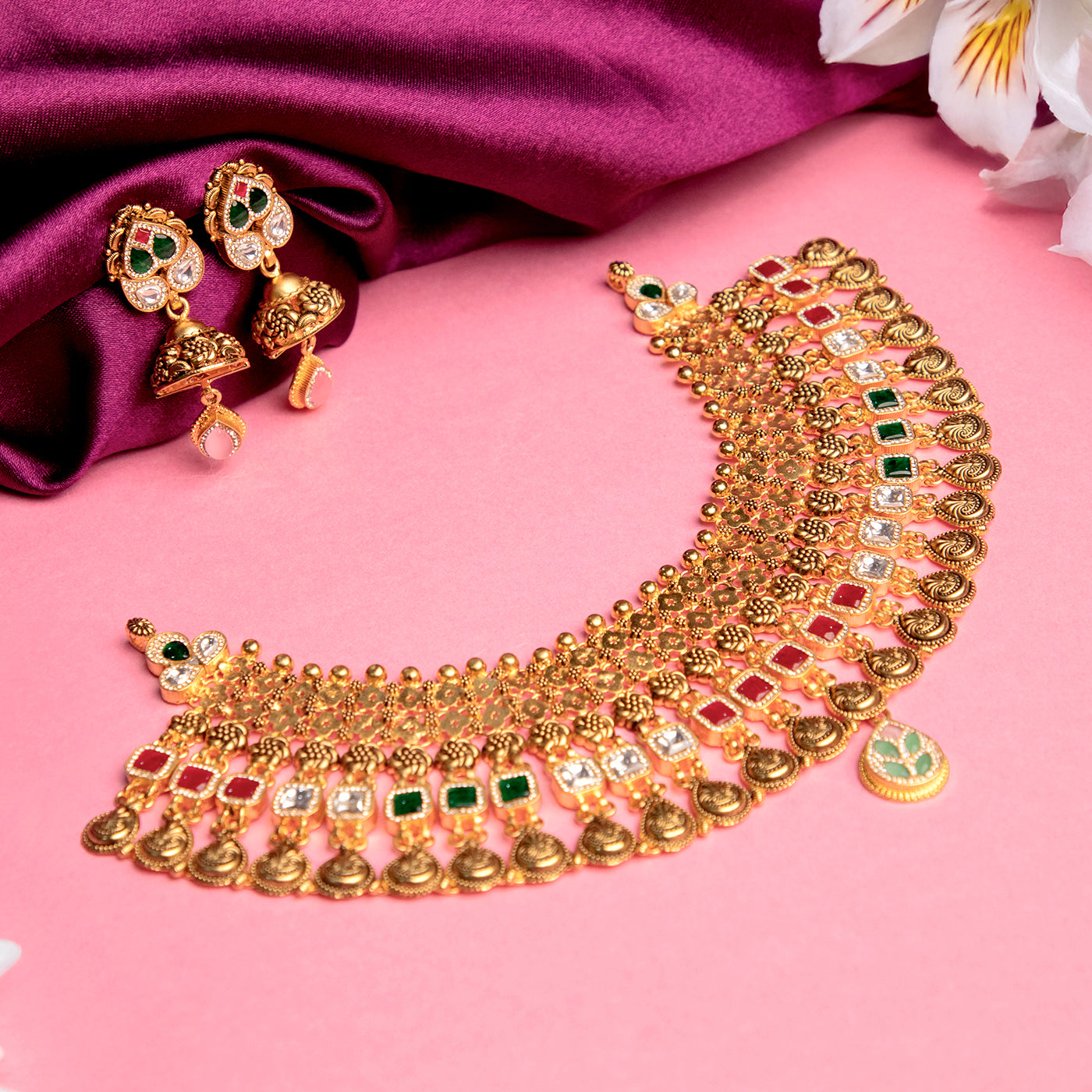 Gold Plated Multi-Colour Stone Necklace Set with Earrings