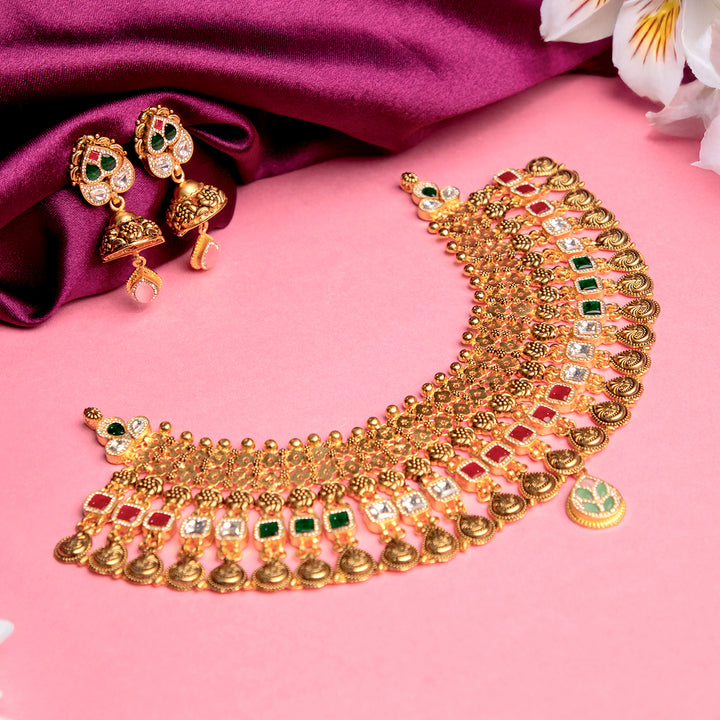 Gold Plated Multi-Colour Stone Necklace Set with Earrings