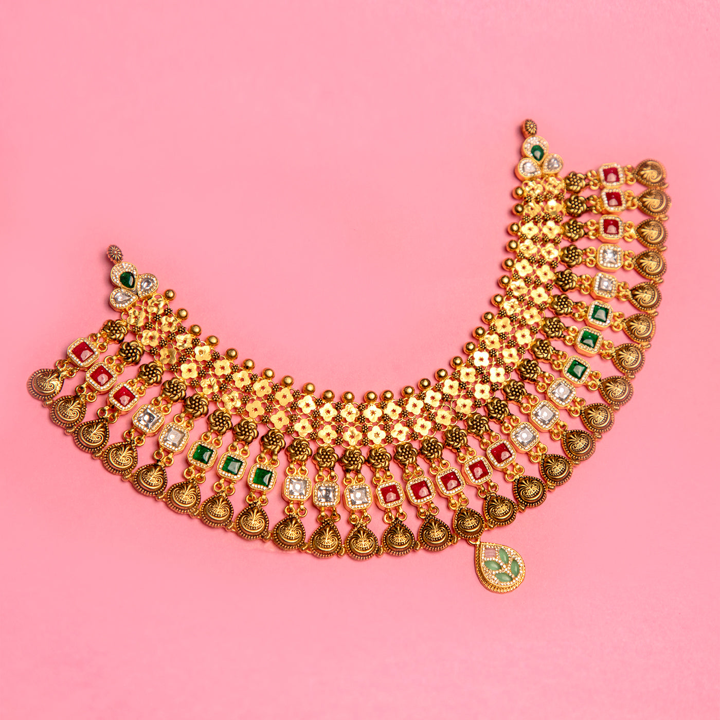 Gold Plated Multi-Colour Stone Necklace Set with Earrings
