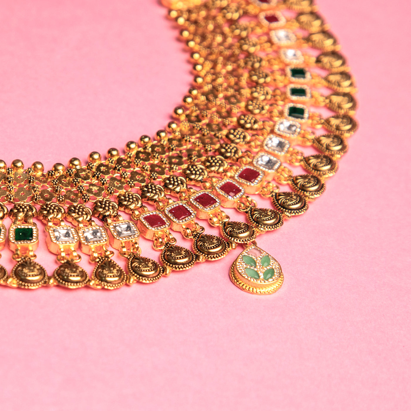 Gold Plated Multi-Colour Stone Necklace Set with Earrings
