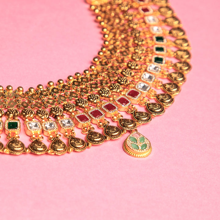 Gold Plated Multi-Colour Stone Necklace Set with Earrings