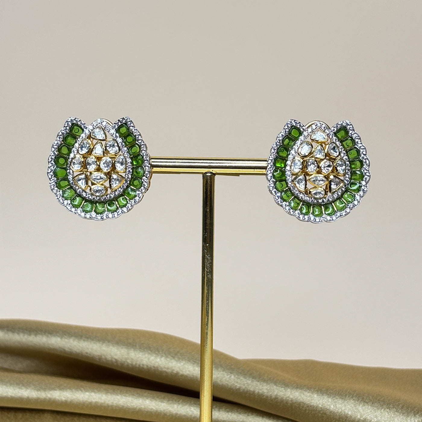 Handcrafted Green Aura Polki Stud Earrings