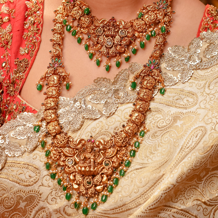 Short Gold Lakshmi Necklace with Green Beads