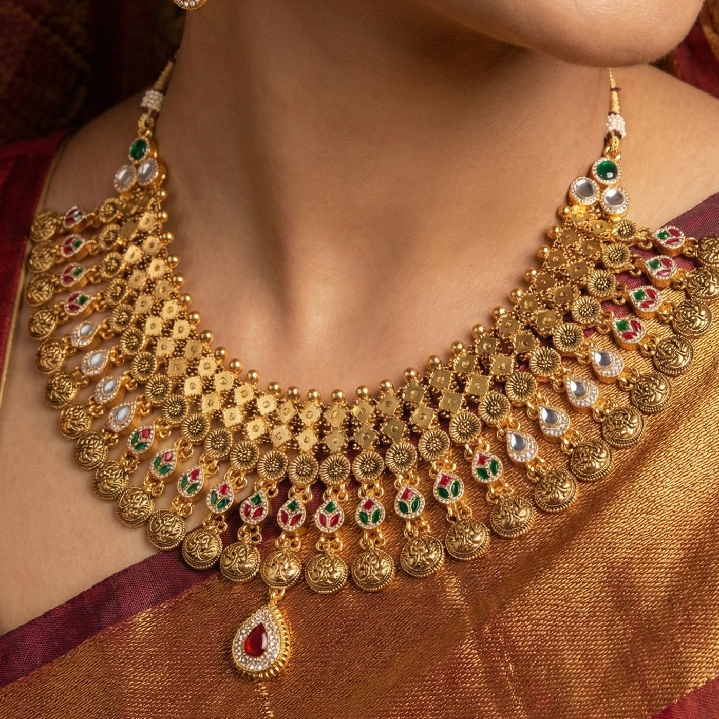 Sparkling CZ Stone Necklace with Pink Drop Jhumka