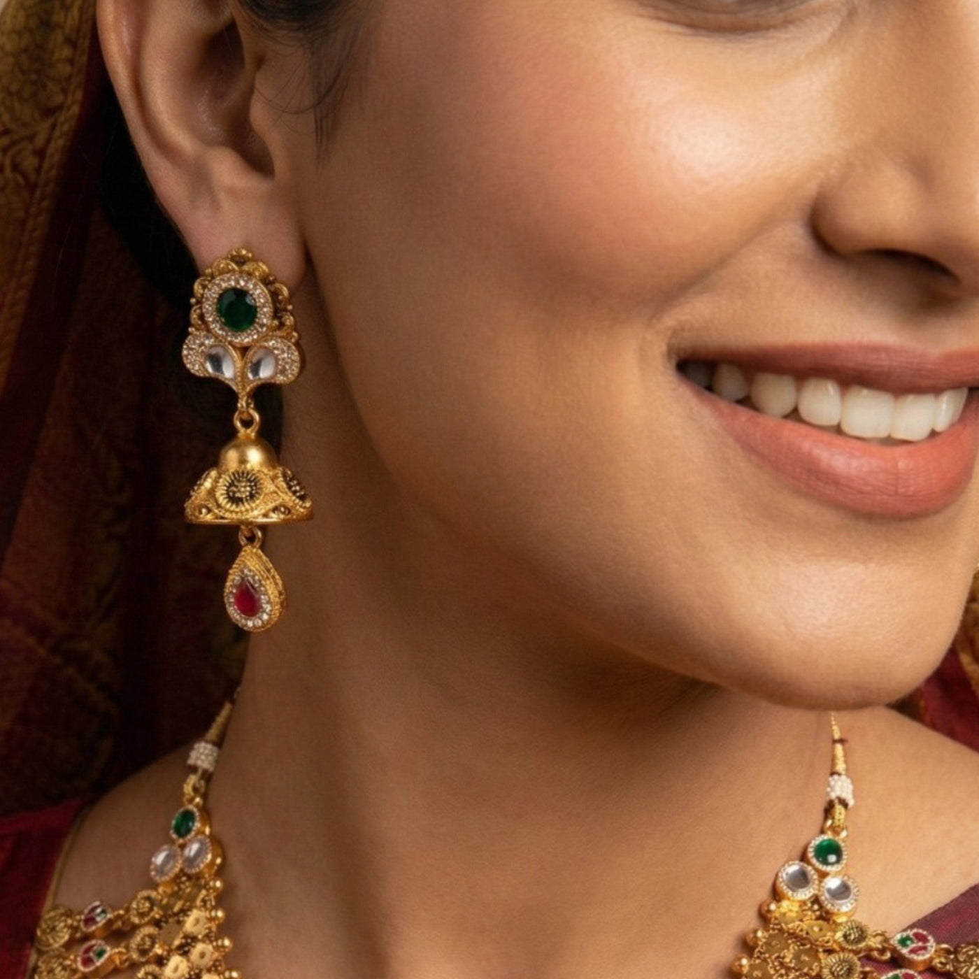 Sparkling CZ Stone Necklace with Pink Drop Jhumka