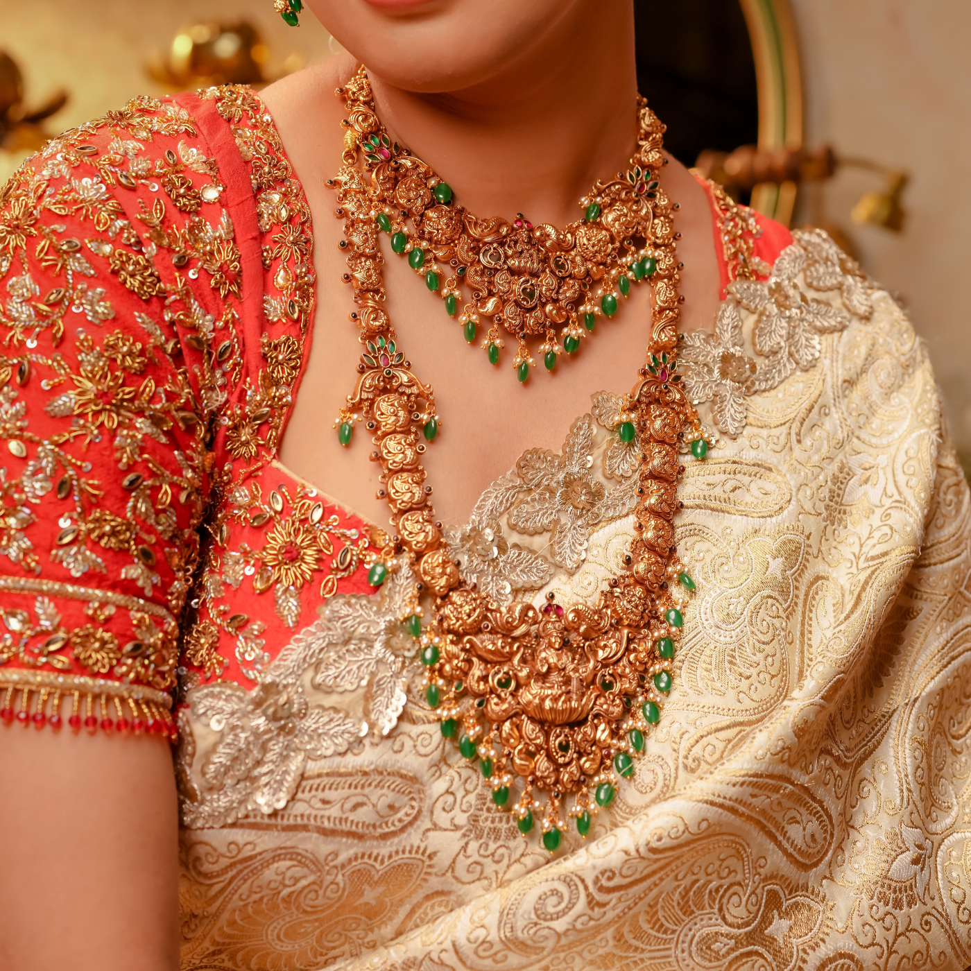 Long Antique Lakshmi Necklace with Green Beads
