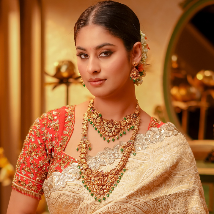 Long Antique Lakshmi Necklace with Green Beads