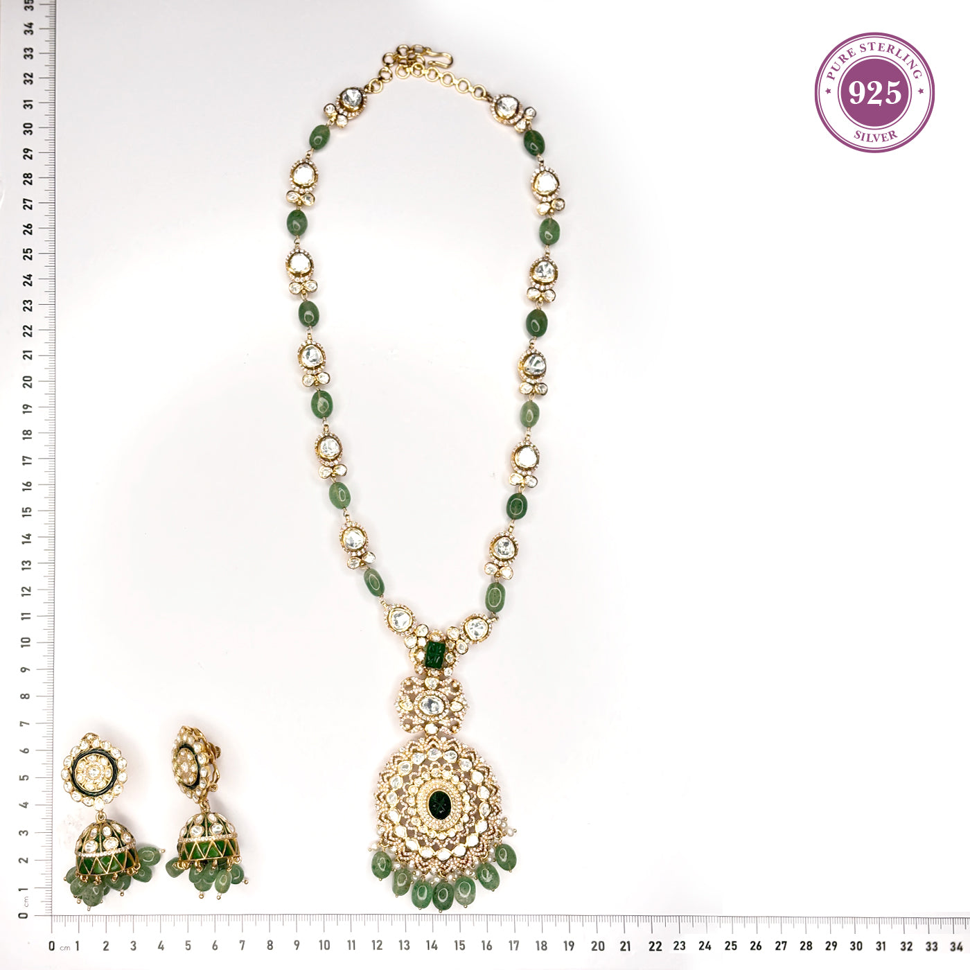 Royal Green Beads Long Necklace Set with Jhumka Earrings
