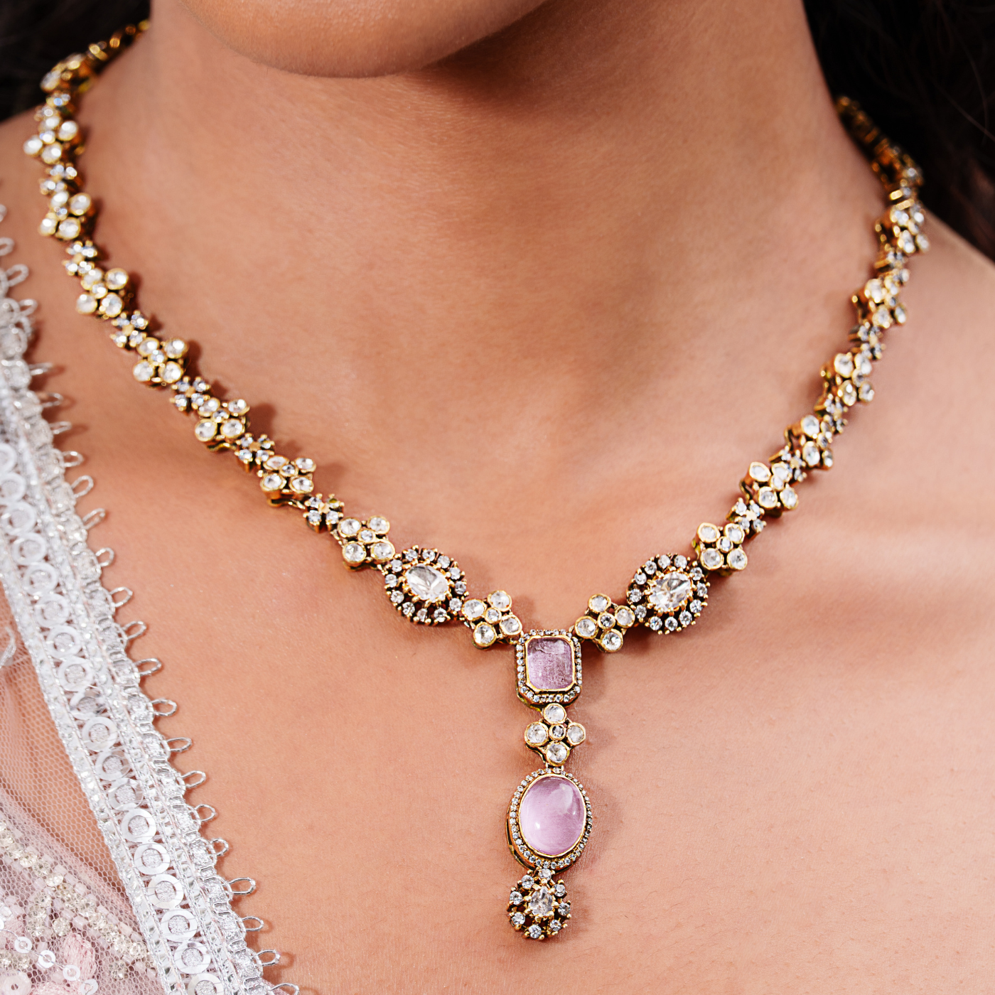 Elegance Victorian Moissanite Necklace Set in Pink