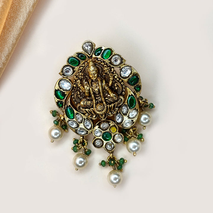 Exquisite Antique Lakshmi Kundan Pendant with Semi-precious Stones