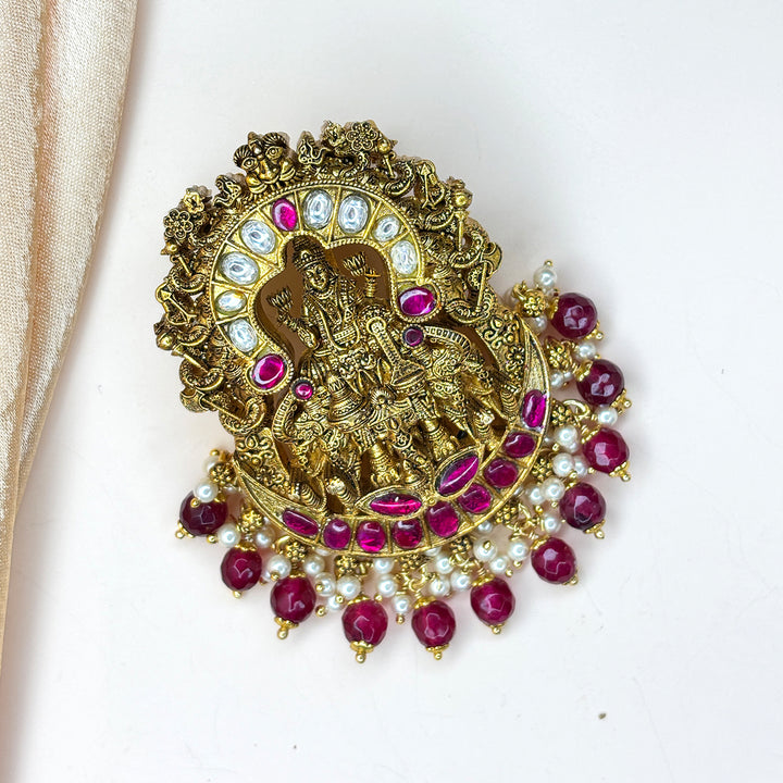 Enchanting Antique Lakshmi Kundan Pendant with Semi-precious Stones