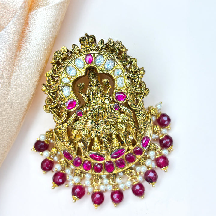 Enchanting Antique Lakshmi Kundan Pendant with Semi-precious Stones
