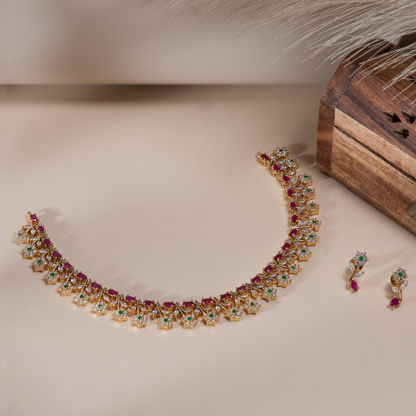 Festive Pink and Green Necklace Set with Floral Accents