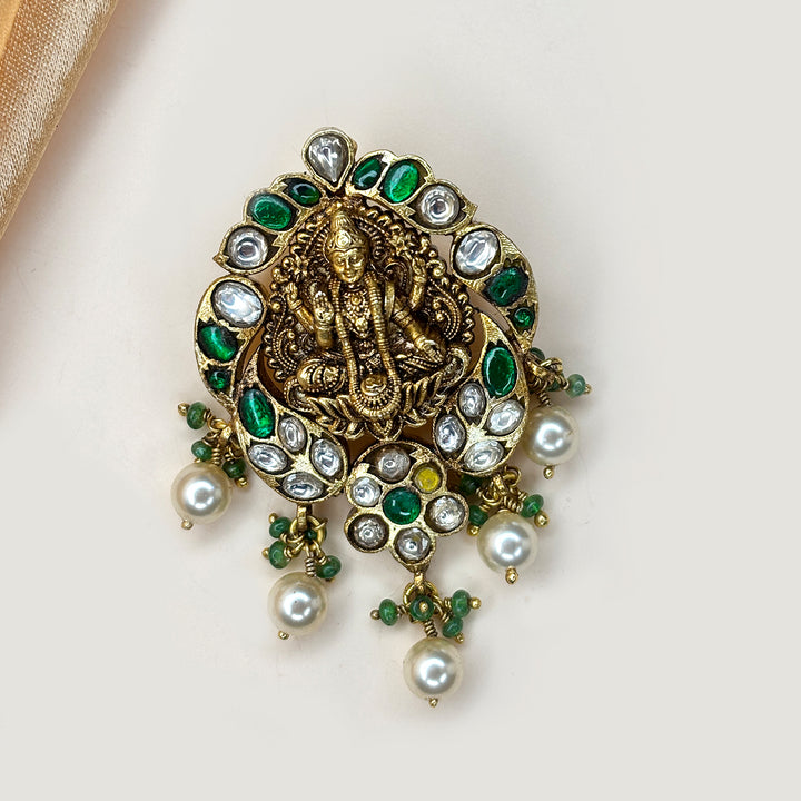 Exquisite Antique Lakshmi Kundan Pendant with Semi-precious Stones