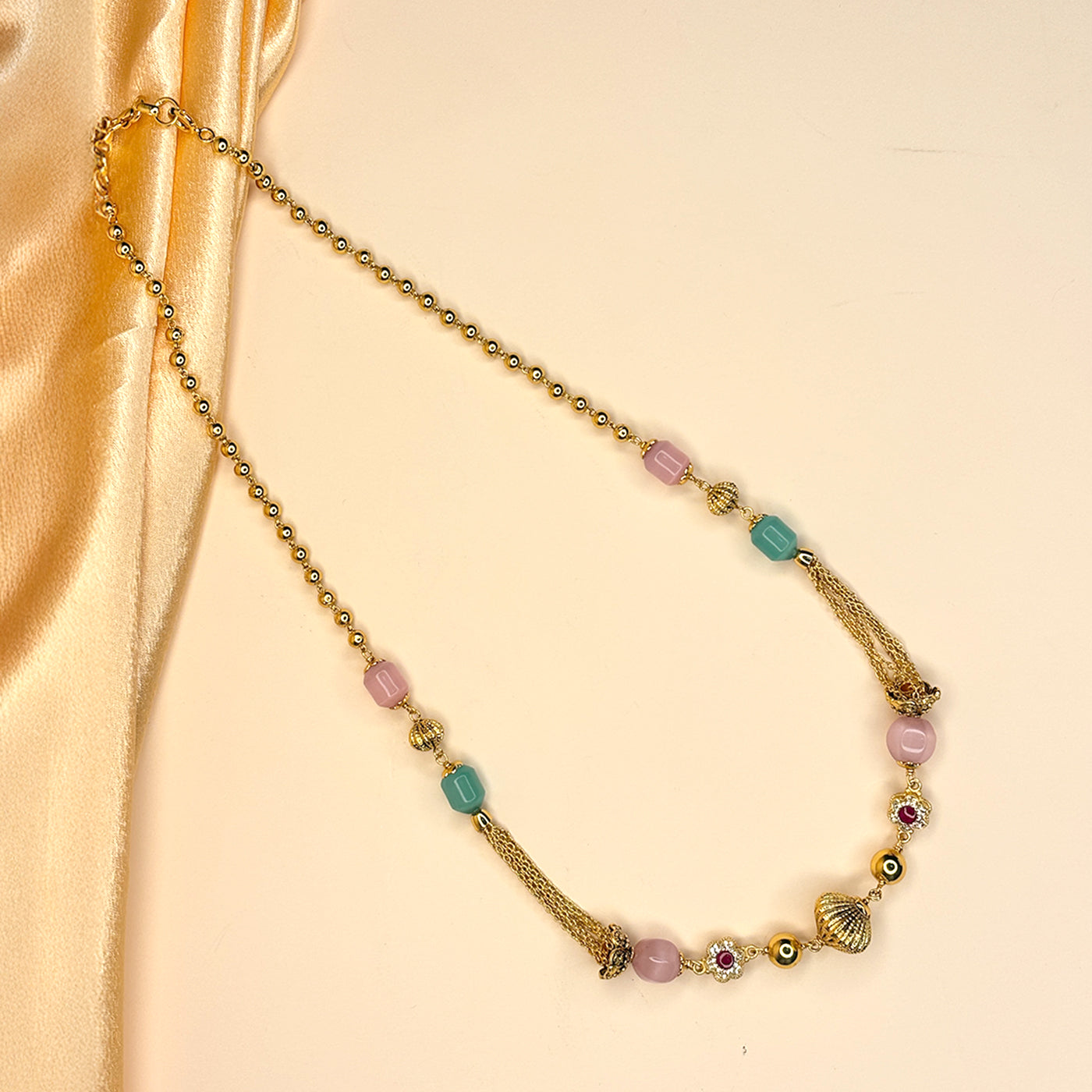 Pink and Green Mala with Gold Accents