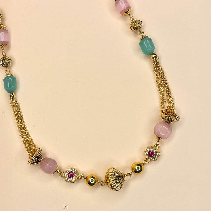 Pink and Green Mala with Gold Accents