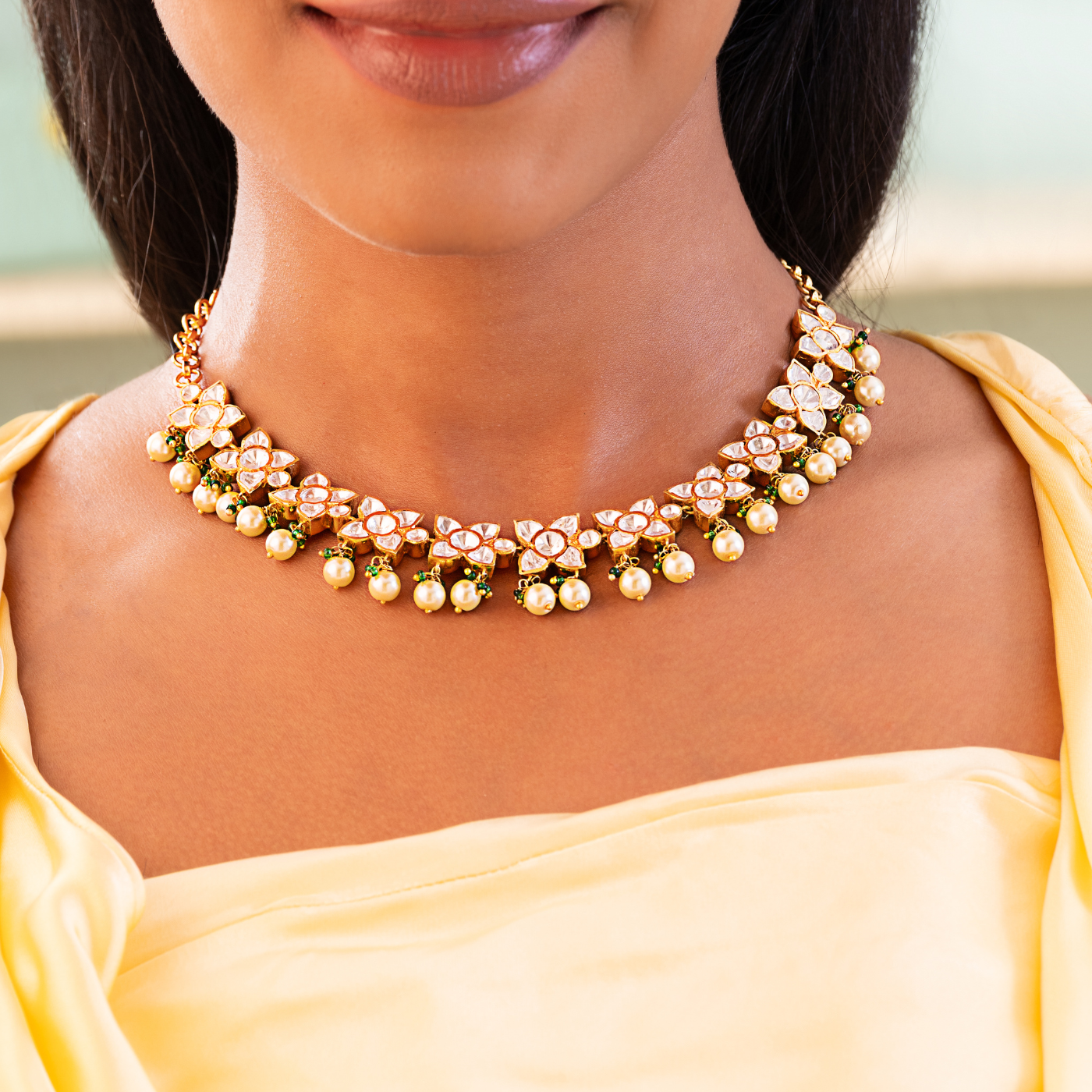 Luminous Golden Pearl Polki Necklace Set with Moissanite