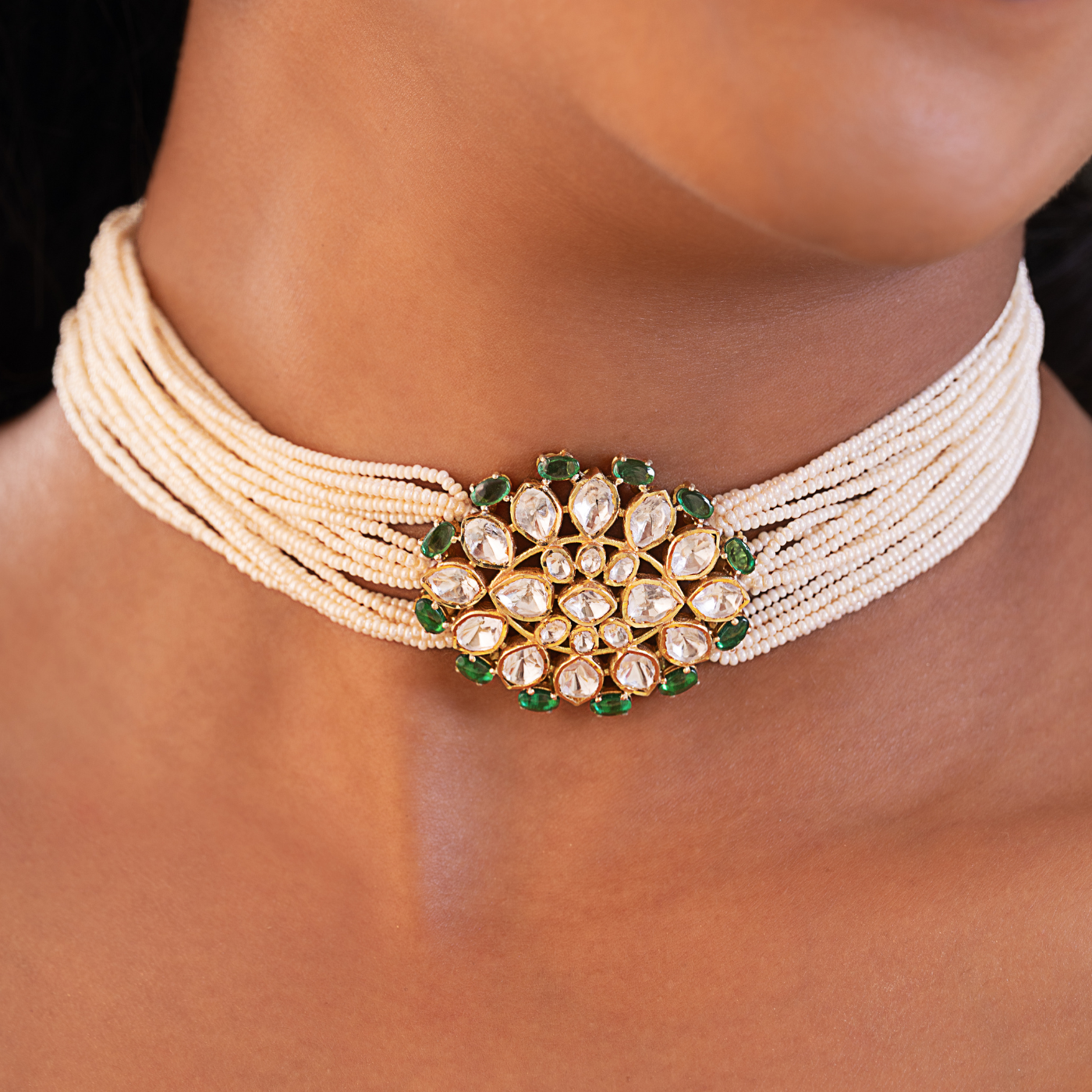 Verdant Glow Pearl Choker Necklace & Earring  Set