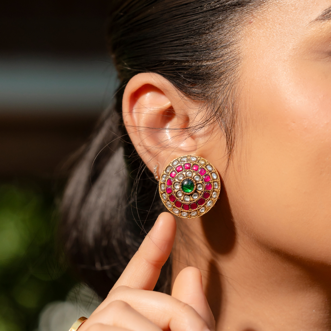 Vibrant Pink Kundan Gold Pendant Set with Green Accents