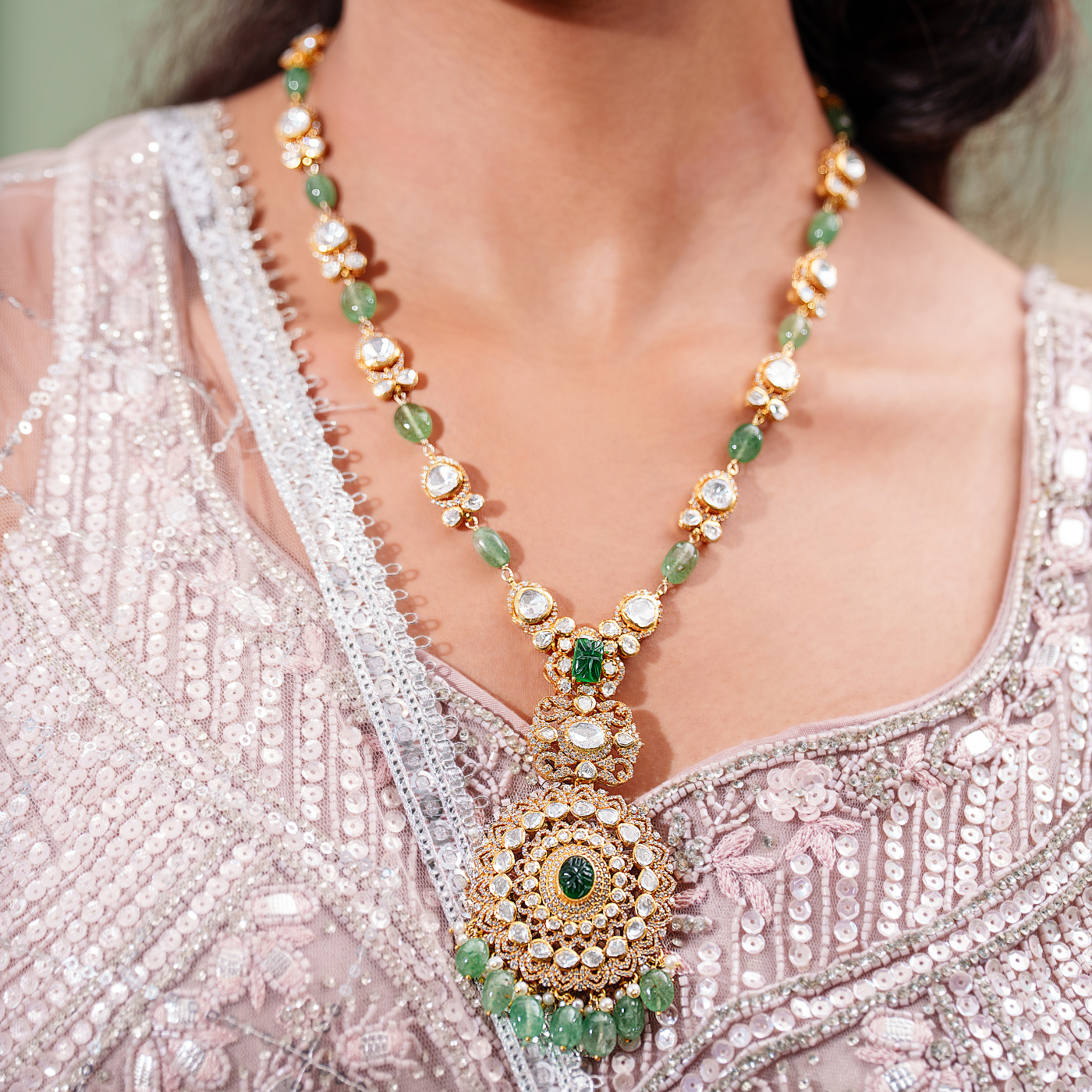 Royal Green Beads Long Necklace Set with Jhumka Earrings