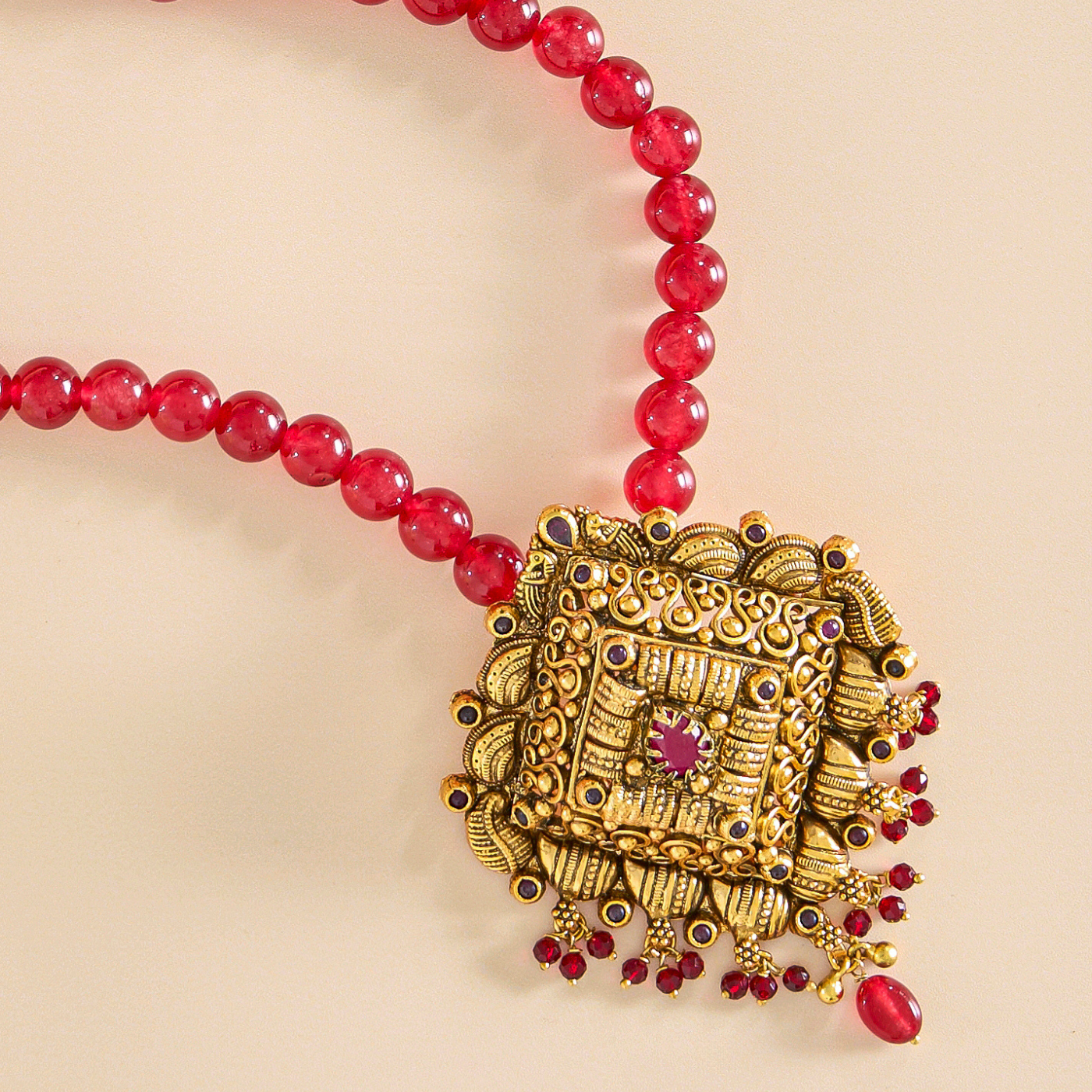 Antique Gold Pendant with Red Beads