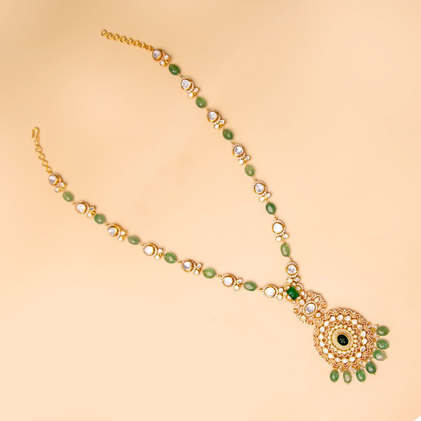 Royal Green Beads Long Necklace Set with Jhumka Earrings