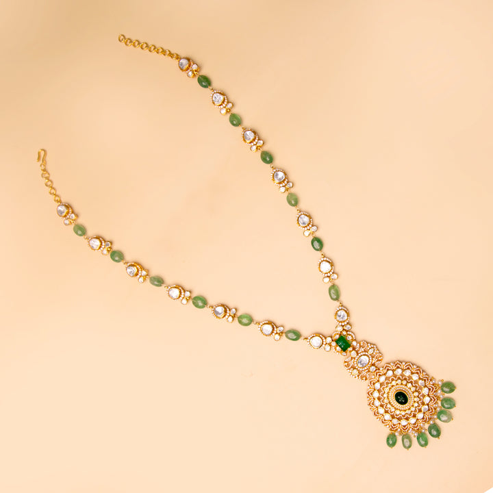 Royal Green Beads Long Necklace Set with Jhumka Earrings