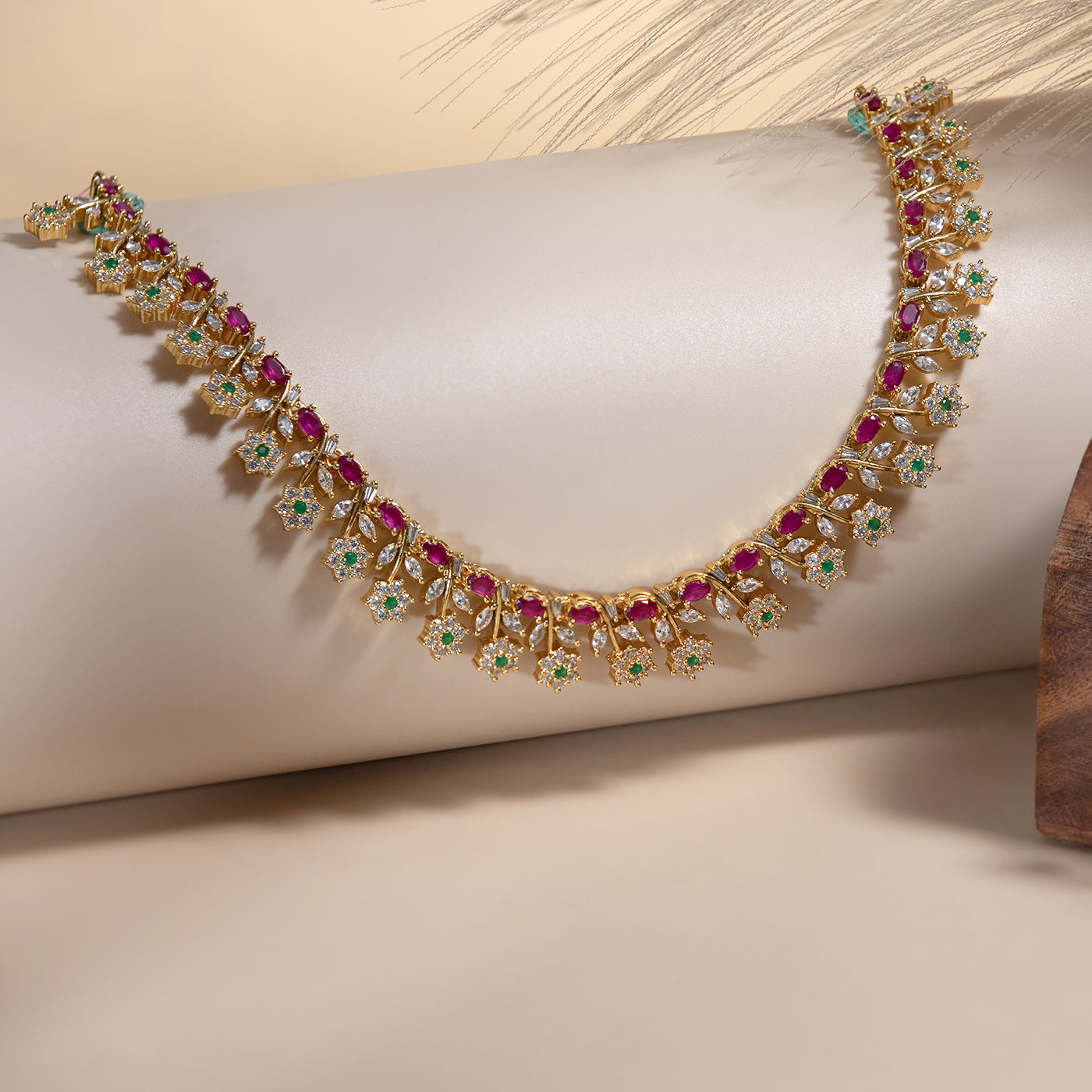 Festive Pink and Green Necklace Set with Floral Accents