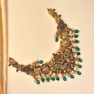 Gold Lakshmi Necklace with Green Beads