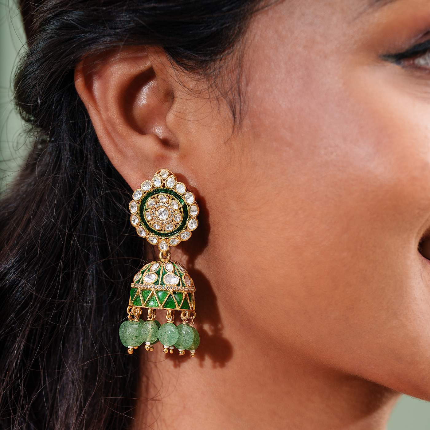 Royal Green Beads Long Necklace Set with Jhumka Earrings