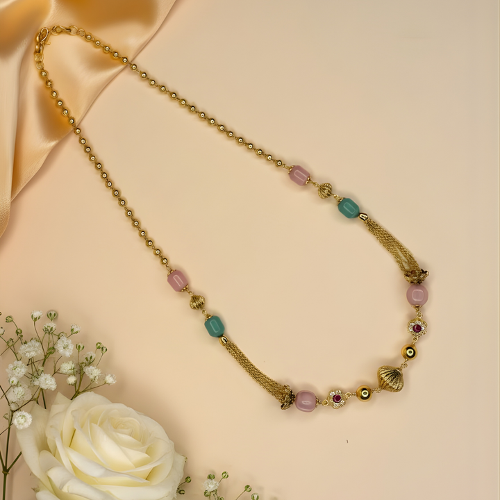 Pink and Green Mala with Gold Accents