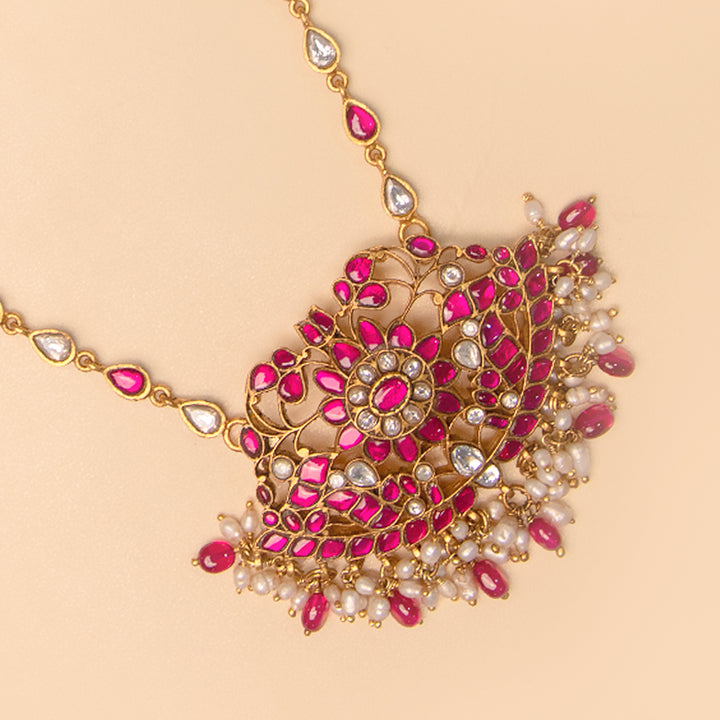 Ornate Pink Kundan Pendant Set with Traditional Jhumka Earrings