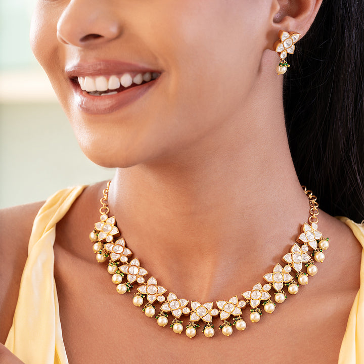 Luminous Golden Pearl Polki Necklace Set with Moissanite