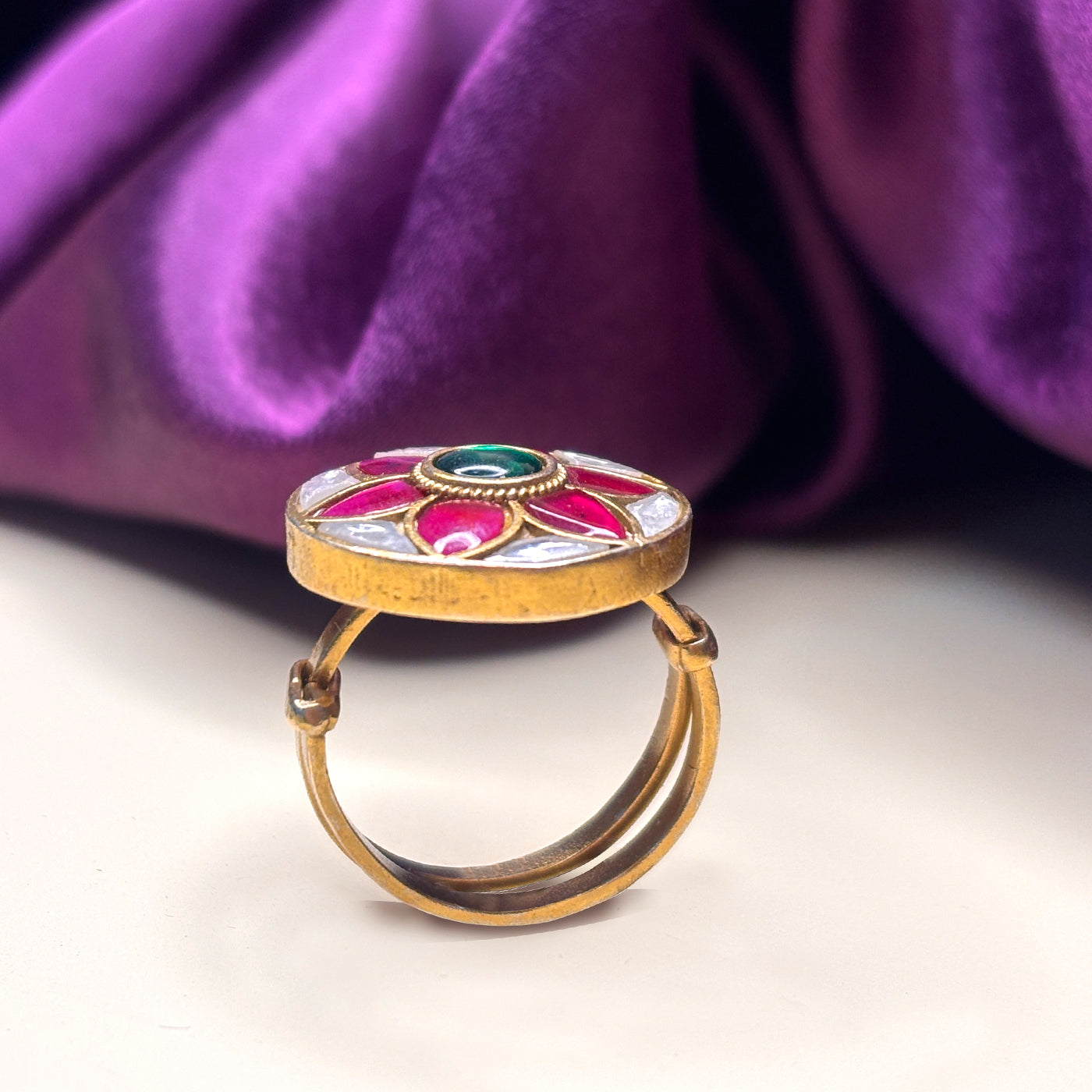 PINK FLORAL KUNDAN RING
