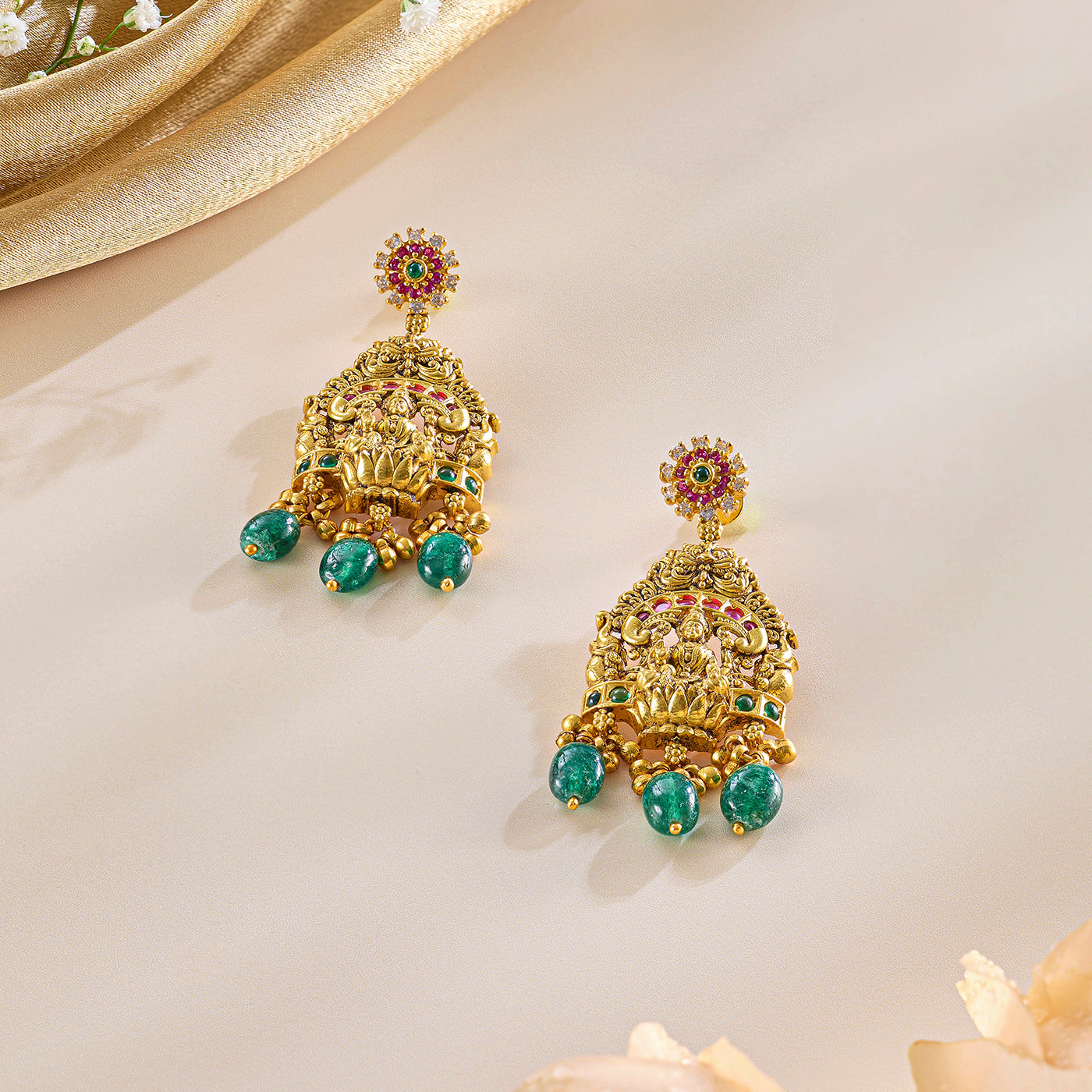 Lakshmi Temple Pendant Set in Antique Gold with Green Drops