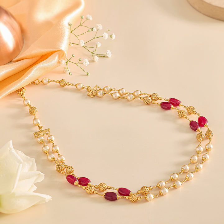 Two Layer Pearl Chain with Red Stone Accents