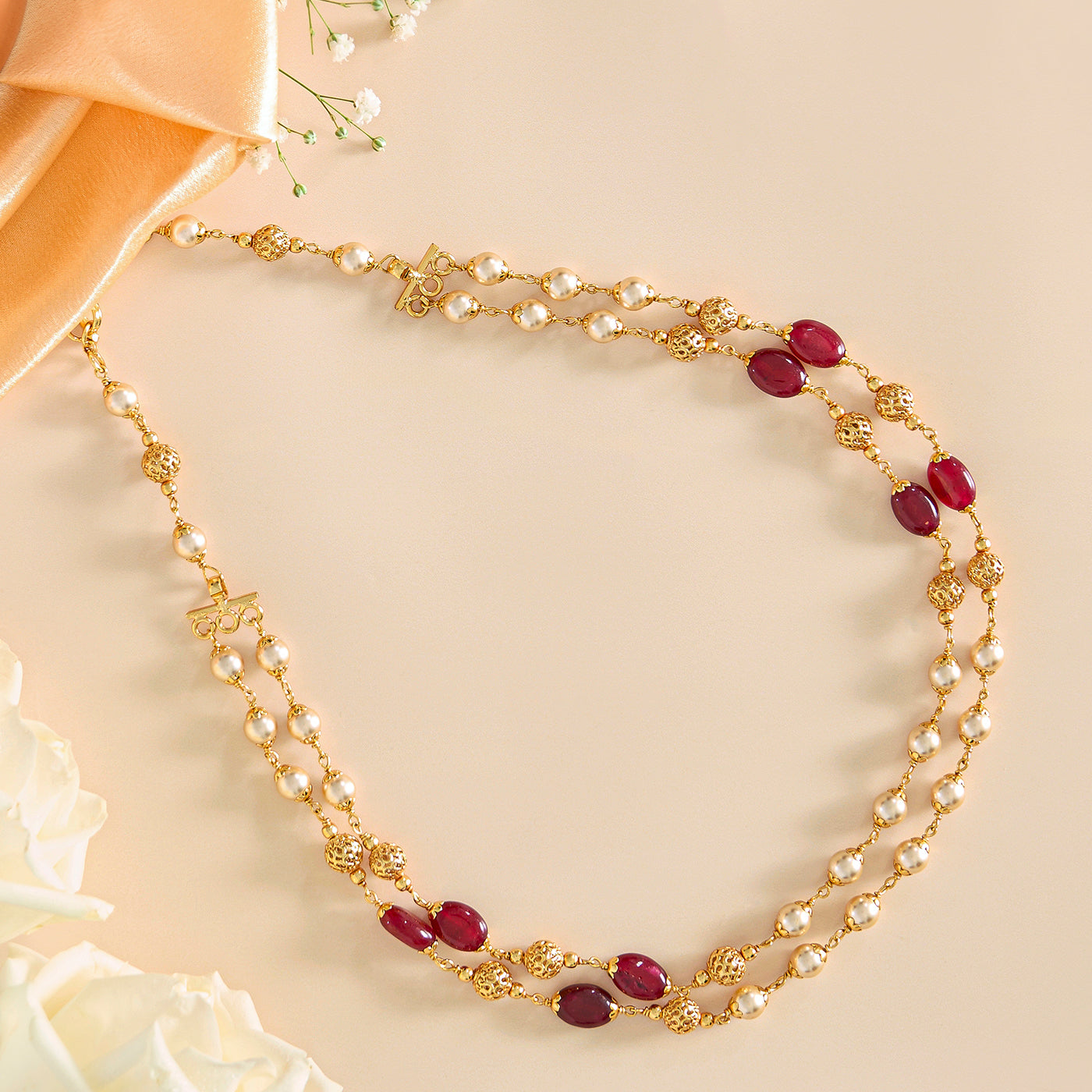 Two Layer Pearl Chain with Red Stone Accents