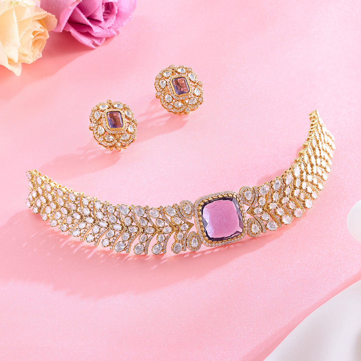 Violet Stone Choker Necklace with Moissanite Accents