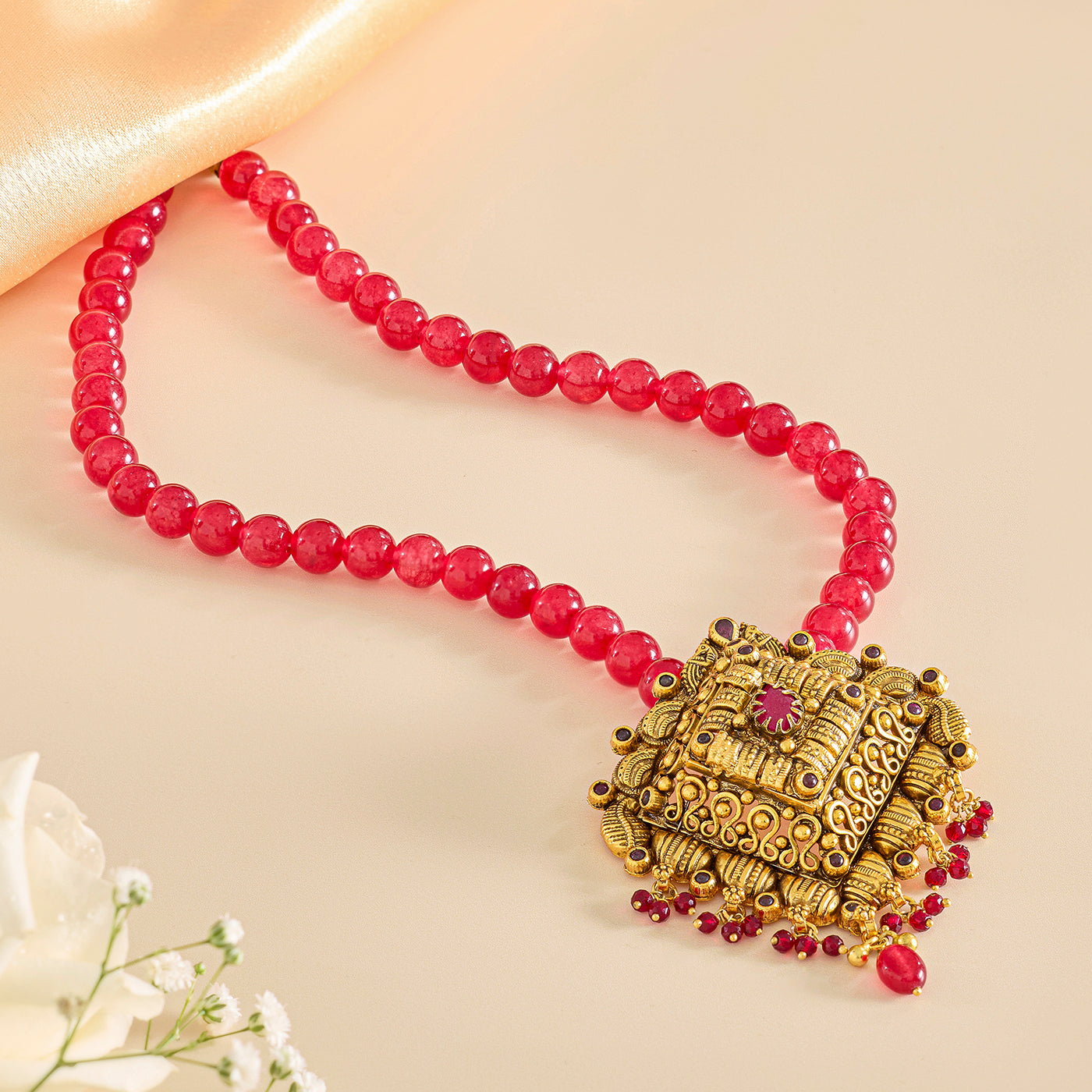 Antique Gold Pendant with Red Beads