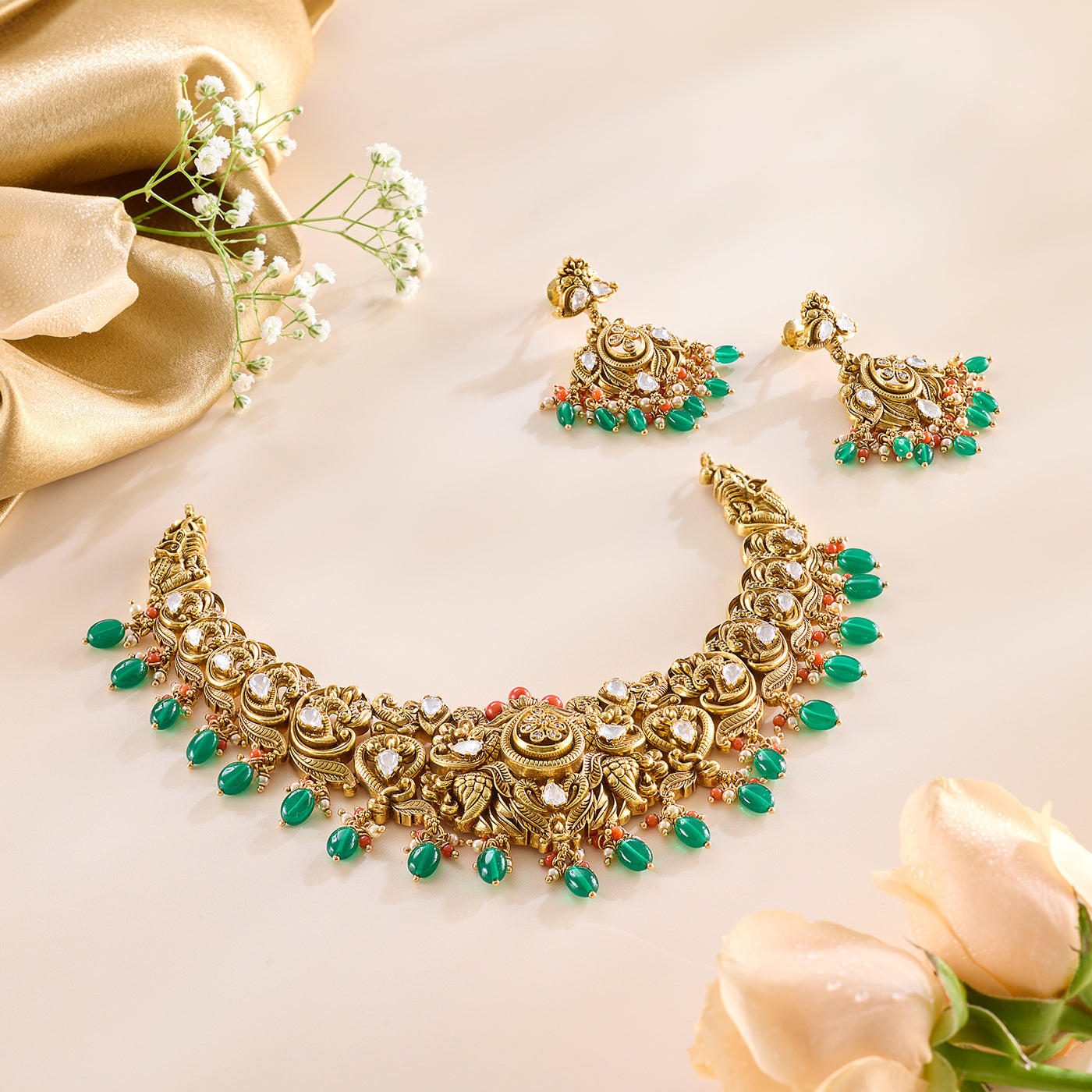 Eira Nakas Green Beads Moissanite Necklace Set