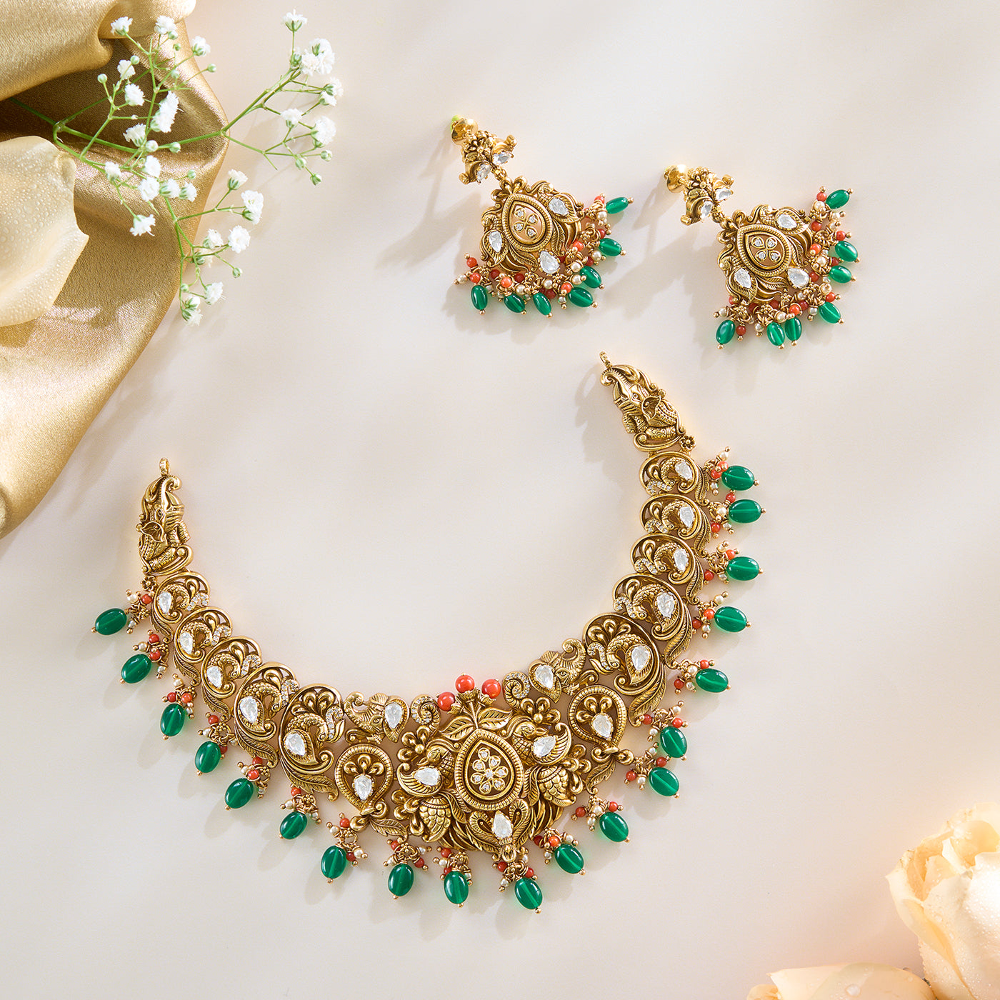 Eira Nakas Green Beads Moissanite Necklace Set