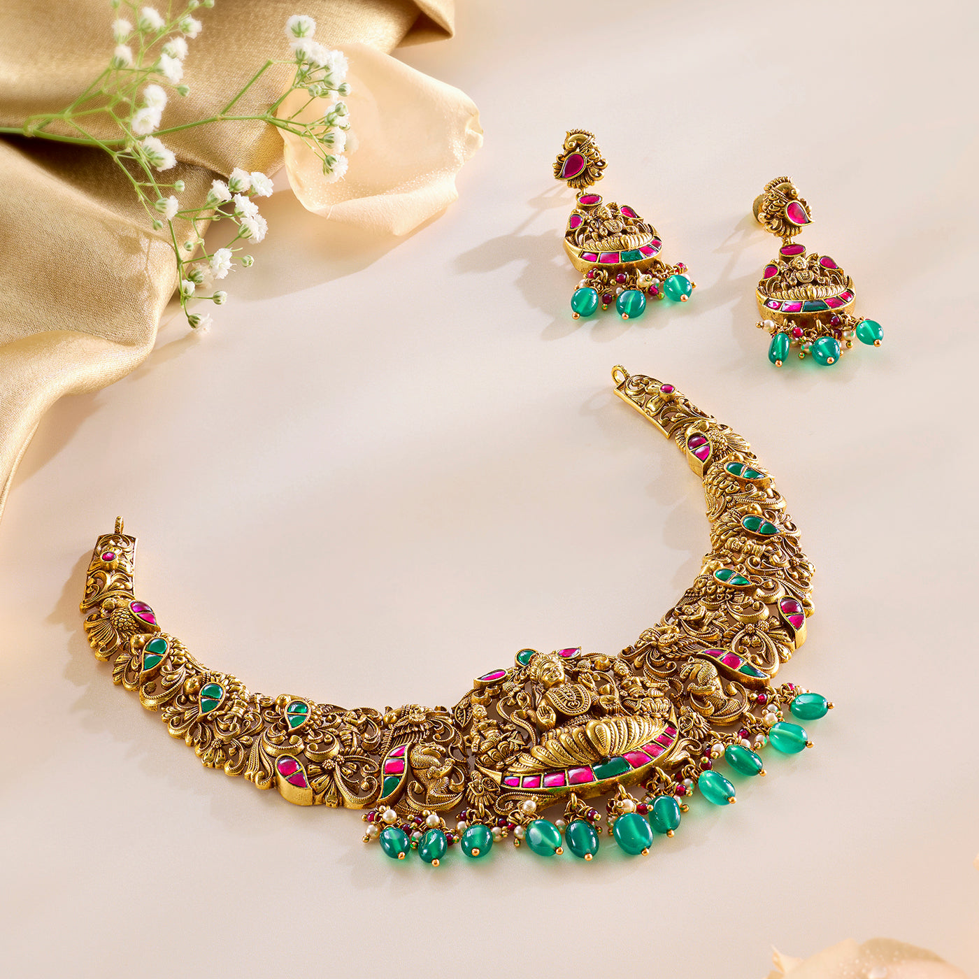 Regal Glow Lakshmi Temple Nagas Necklace Set